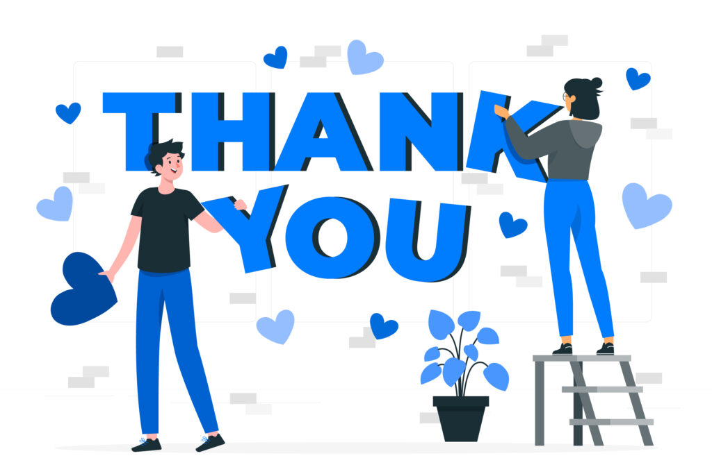 Illustration of two people assembling a large 'Thank You' sign with blue letters and heart symbols, expressing appreciation and gratitude.