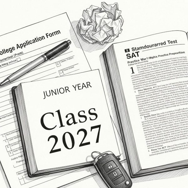 A back-to-school guide for the Class of 2027, illustrated in a graphite pencil or ink style. The drawing features a college application, a standardized test prep book, and a car key, symbolizing the important steps students take during their junior year of high school.