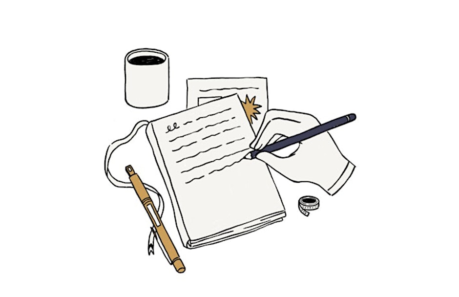 A line drawing illustration shows a hand writing in a notebook. Beside the notebook are a cup of coffee, another notebook, a pen, and a roll of washi tape.